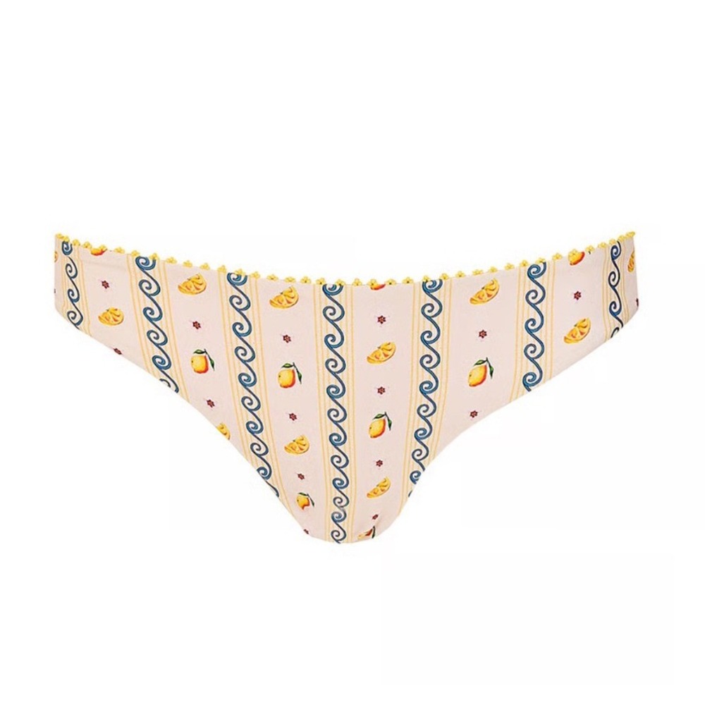 NEW Agua Bendita Lola Bikini Bottom Tropicalia Lemon Stripe Reversible Pom-Pom L
